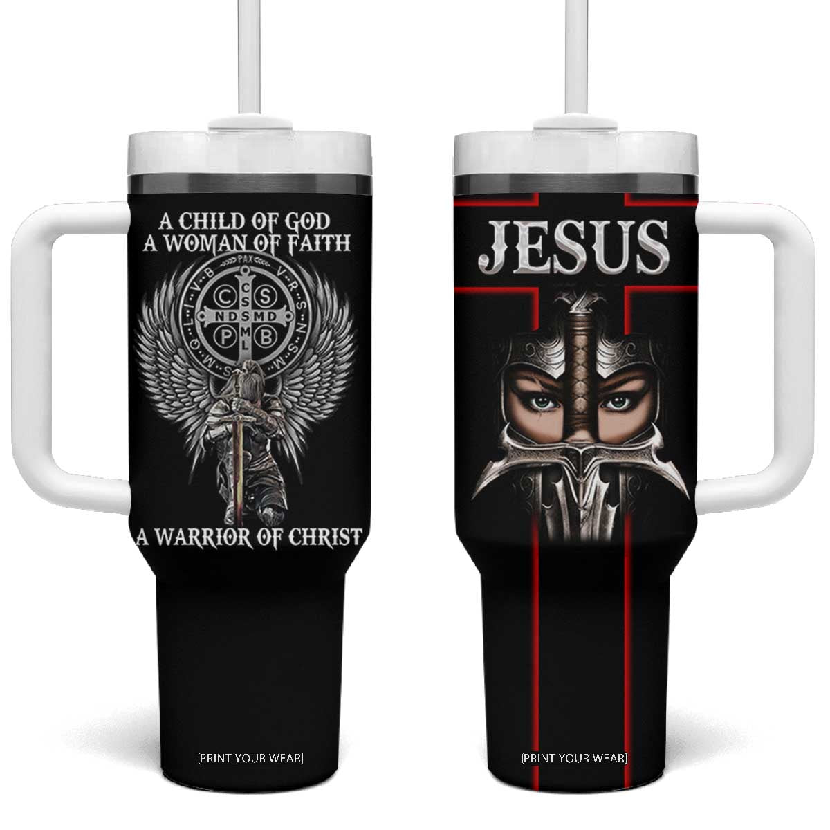 Christian Gifts For Women Tumbler With Handle A Child Of God A Woman Of Faith A Warrior Of Christ Jesus Faith TB10 One Size: 40 oz Black Print Your Wear