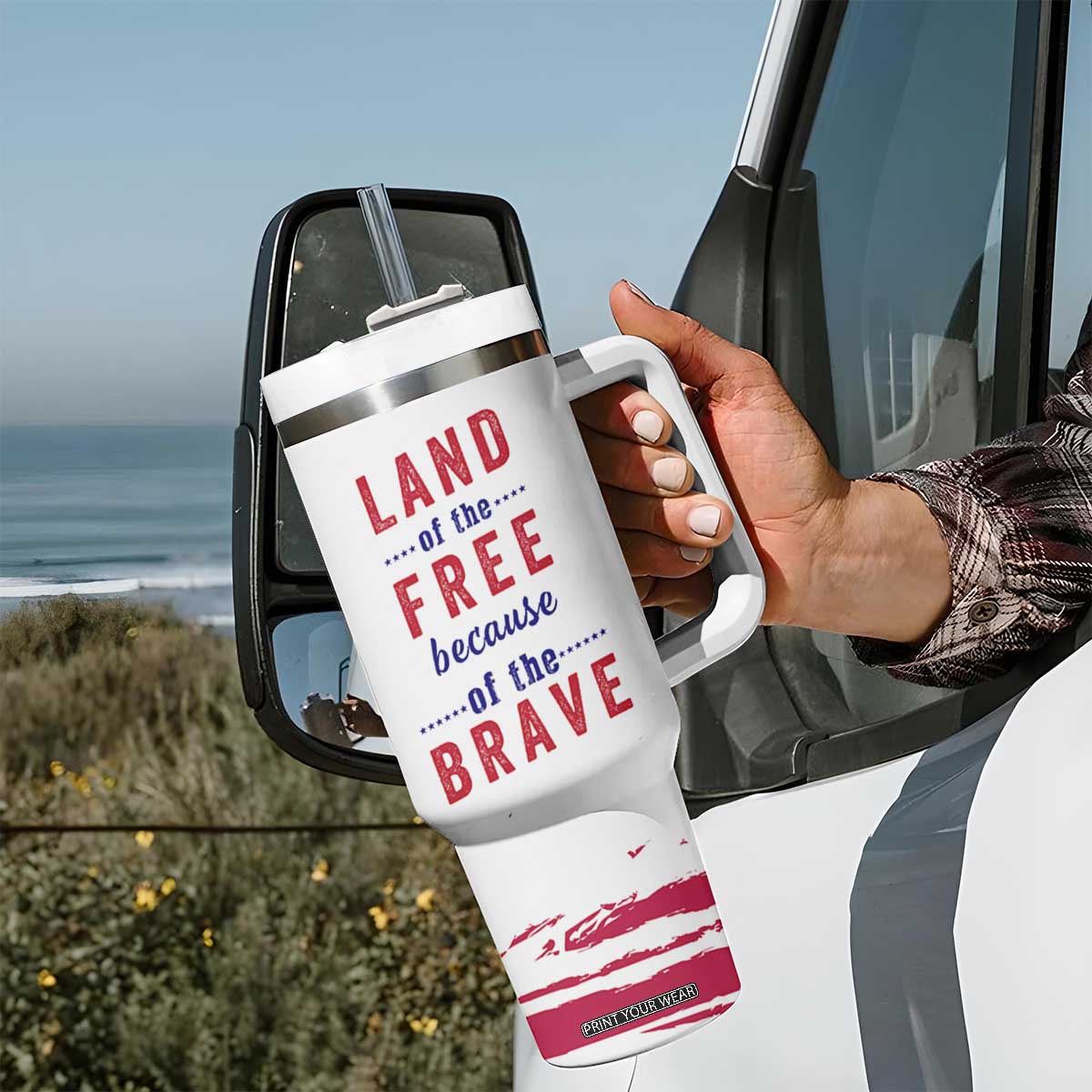 American Flag Patriotic Tumbler With Handle Land Of The Free Because Of The Brave USA Flag TB10 Print Your Wear