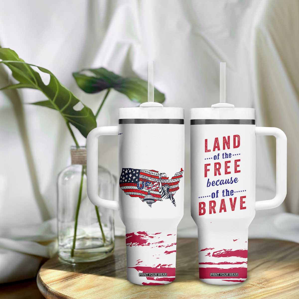 American Flag Patriotic Tumbler With Handle Land Of The Free Because Of The Brave USA Flag TB10 Print Your Wear