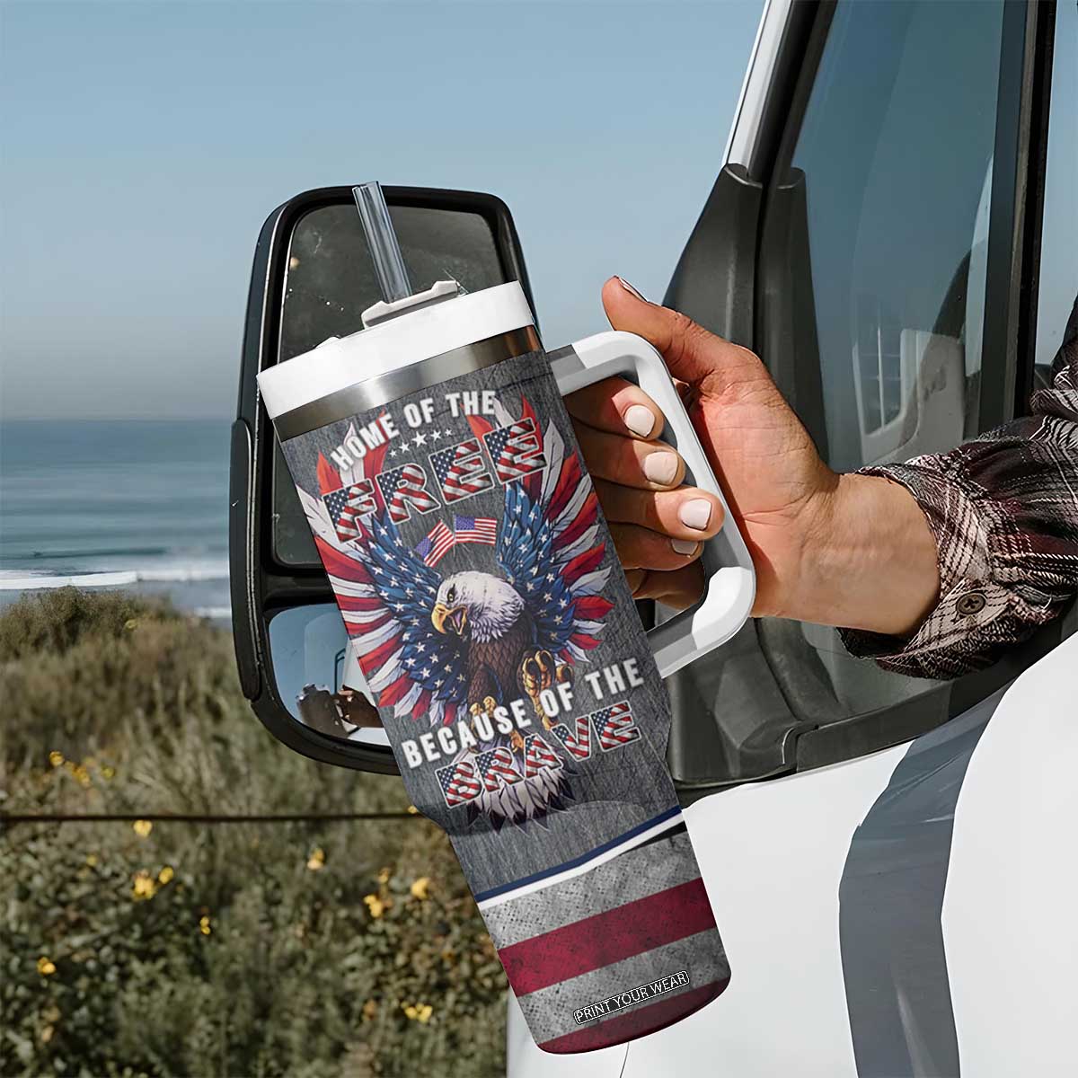 American Flag Patriotic Tumbler With Handle Land Of The Free Because Of The Brave USA Flag Bald Eagle TB10 Print Your Wear