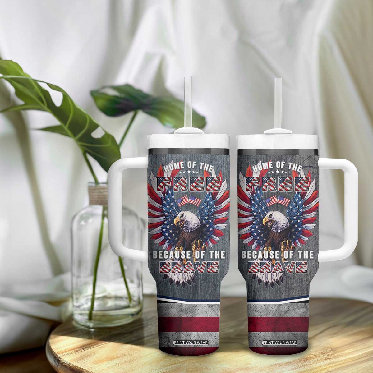 American Flag Patriotic Tumbler With Handle Land Of The Free Because Of The Brave USA Flag Bald Eagle TB10 Print Your Wear