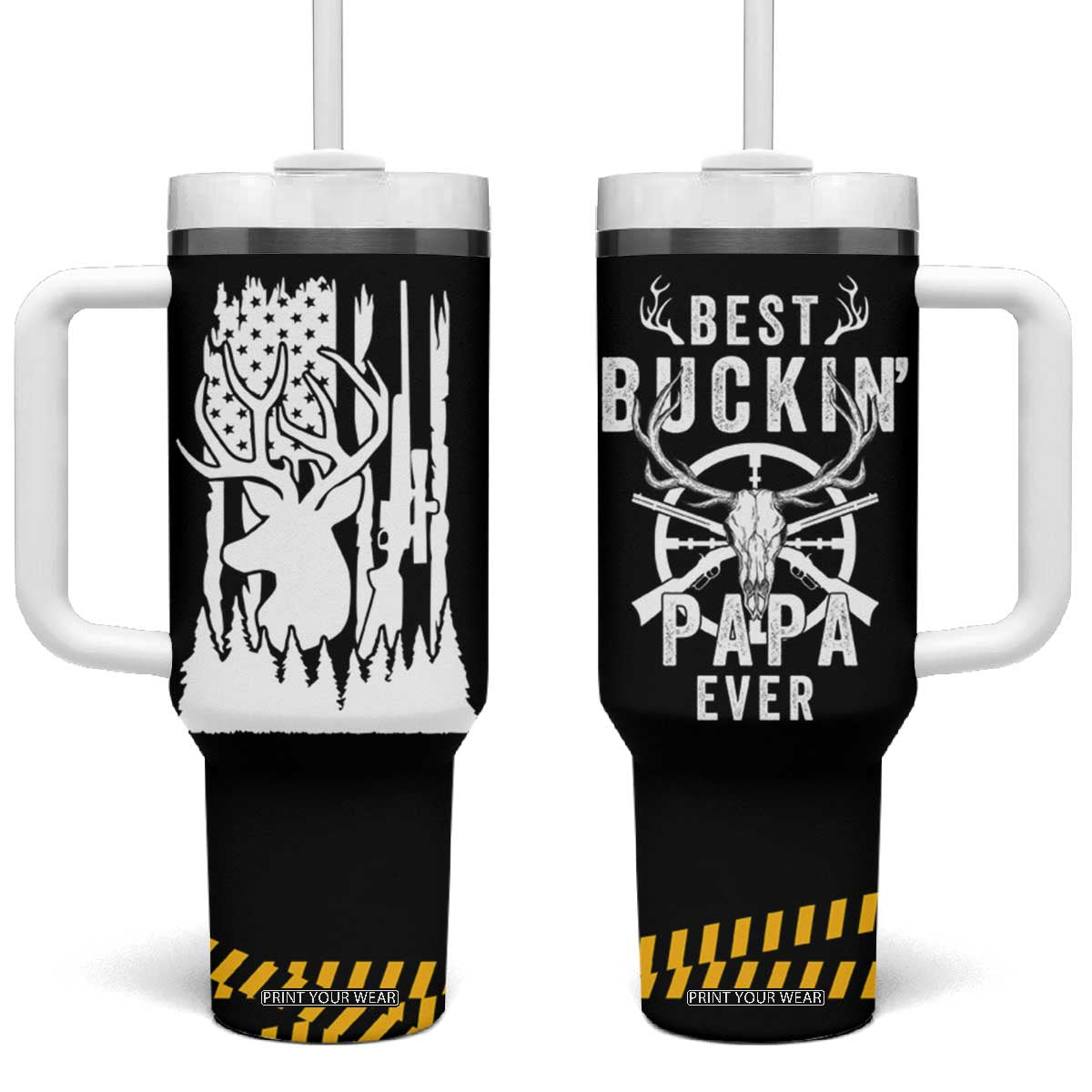 Deer Hunting Dad Tumbler With Handle Best Buckin' Papa Ever American Flag TB10 One Size: 40 oz Black Print Your Wear