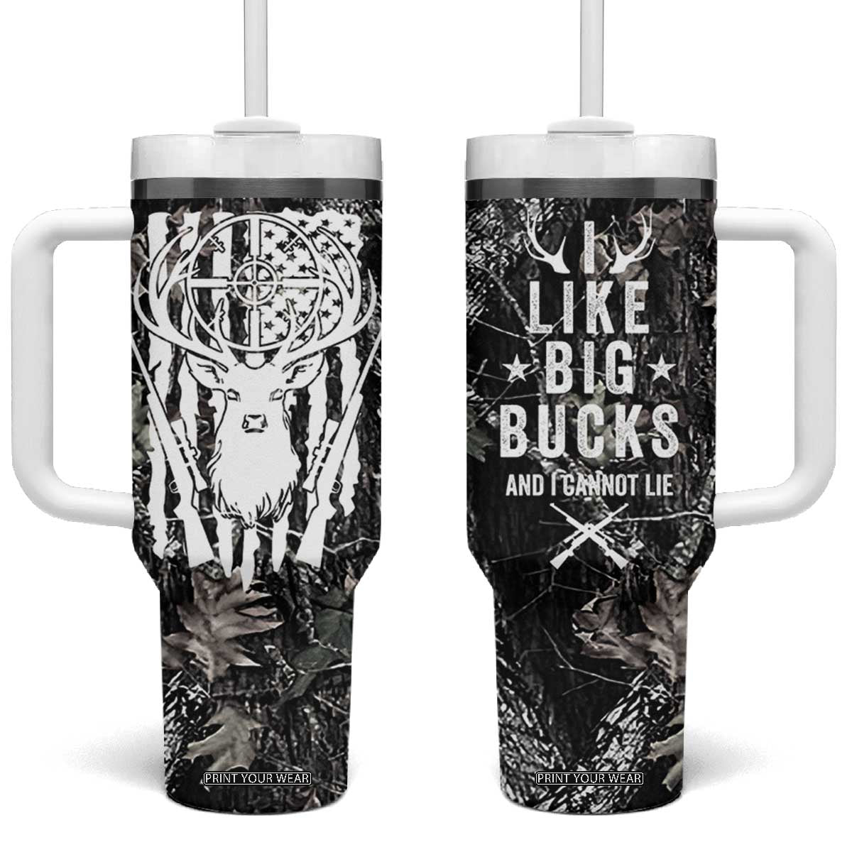 Funny Hunting Tumbler With Handle Camo Deer American Flag I Like Big Bucks I Cannot Lie TB10 One Size: 40 oz Camo Print Your Wear