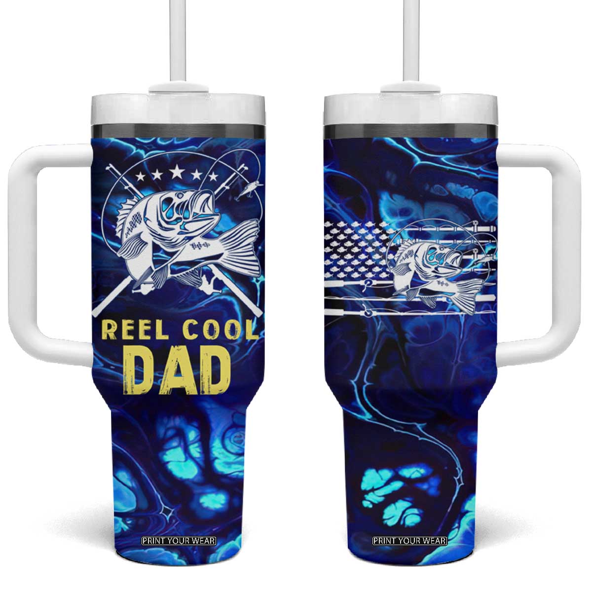 Funny Fishing Gift Tumbler With Handle Reel Cool Dad Gifts American Flag TB10 One Size: 40 oz Navy Print Your Wear