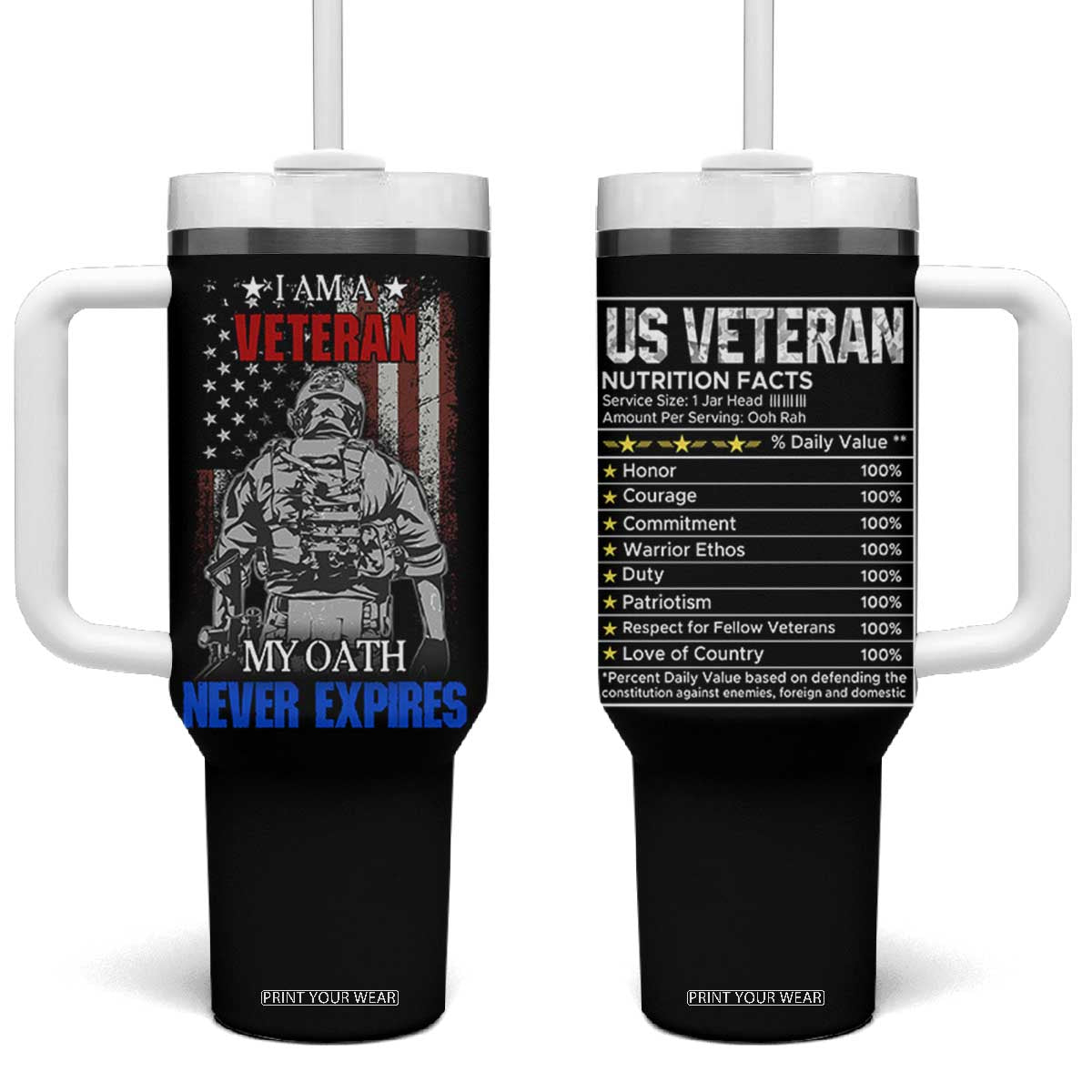 US Veteran Tumbler With Handle I am A Veteran My Oath Never Expires Distressed US Flag TB10 One Size: 40 oz Black Print Your Wear