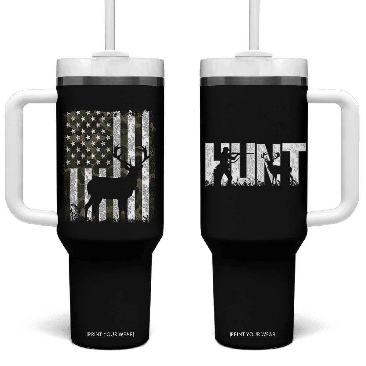 Deer American Flag Tumbler With Handle Whitetail Elk Buck Camo Hunting Hunter Dad TB10 One Size: 40 oz Black Print Your Wear