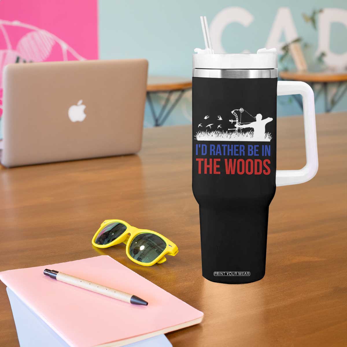 Hunting Gifts For Men Tumbler With Handle Id Rather Be In The Woods Deer Hunting American Flag TB10 Print Your Wear
