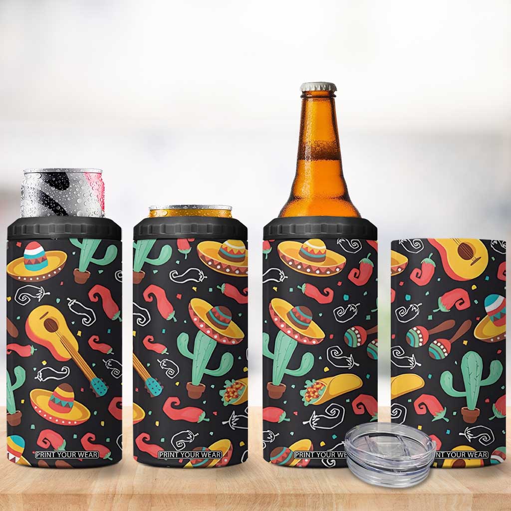 Mexican 4 in 1 Can Cooler Tumbler Hot Sombrero Cactus Guitar Black Mexican Fiesta Cinco De Mayo TB10 Print Your Wear