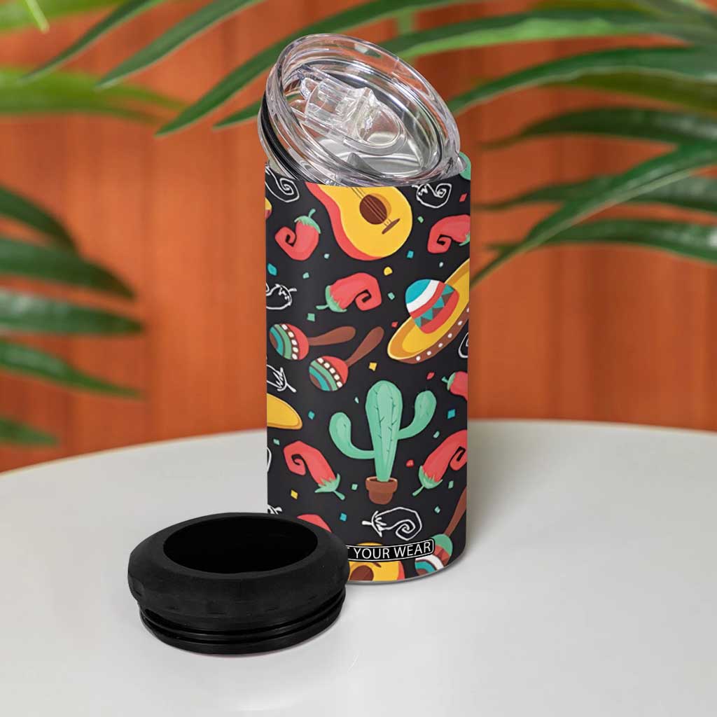 Mexican 4 in 1 Can Cooler Tumbler Hot Sombrero Cactus Guitar Black Mexican Fiesta Cinco De Mayo TB10 Print Your Wear