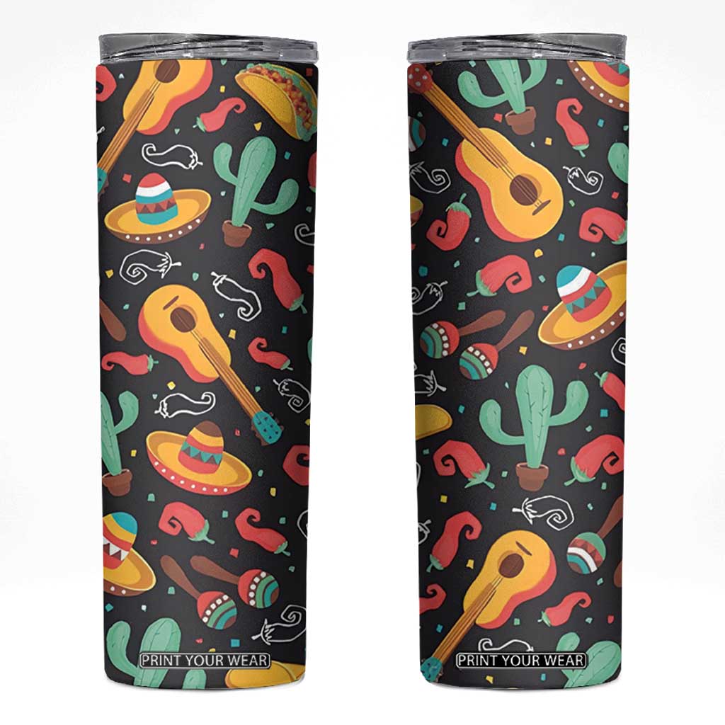 Mexican Skinny Tumbler Hot Sombrero Cactus Guitar Black Mexican Fiesta Cinco De Mayo TB10 Black Print Your Wear
