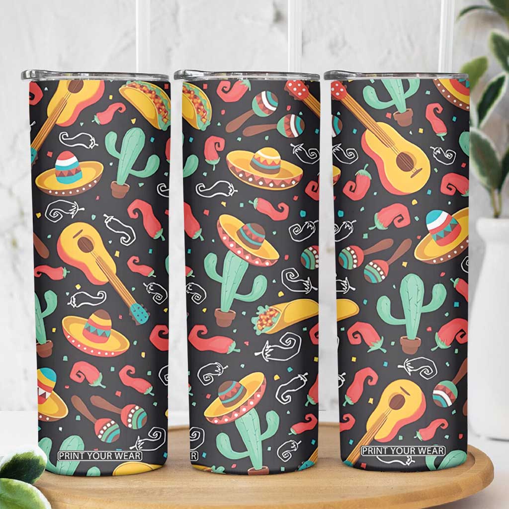 Mexican Skinny Tumbler Hot Sombrero Cactus Guitar Black Mexican Fiesta Cinco De Mayo TB10 Print Your Wear