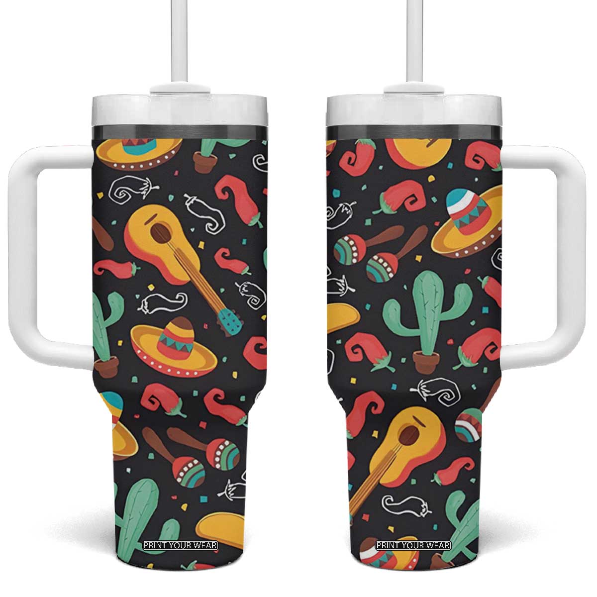 Mexican Tumbler With Handle Hot Sombrero Cactus Guitar Black Mexican Fiesta Cinco De Mayo TB10 One Size: 40 oz Black Print Your Wear