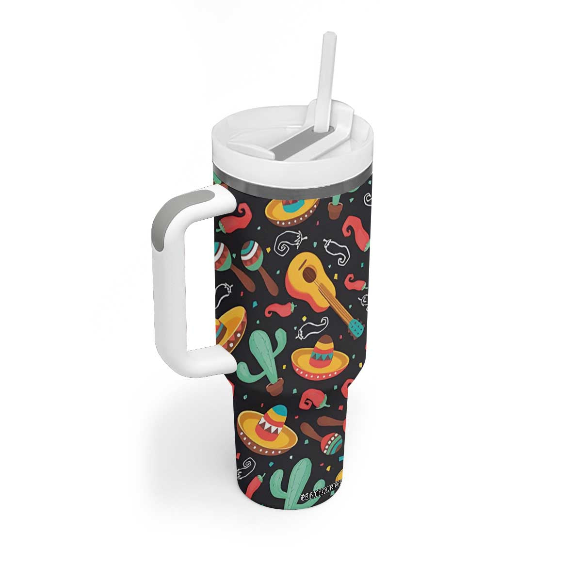 Mexican Tumbler With Handle Hot Sombrero Cactus Guitar Black Mexican Fiesta Cinco De Mayo TB10 Print Your Wear