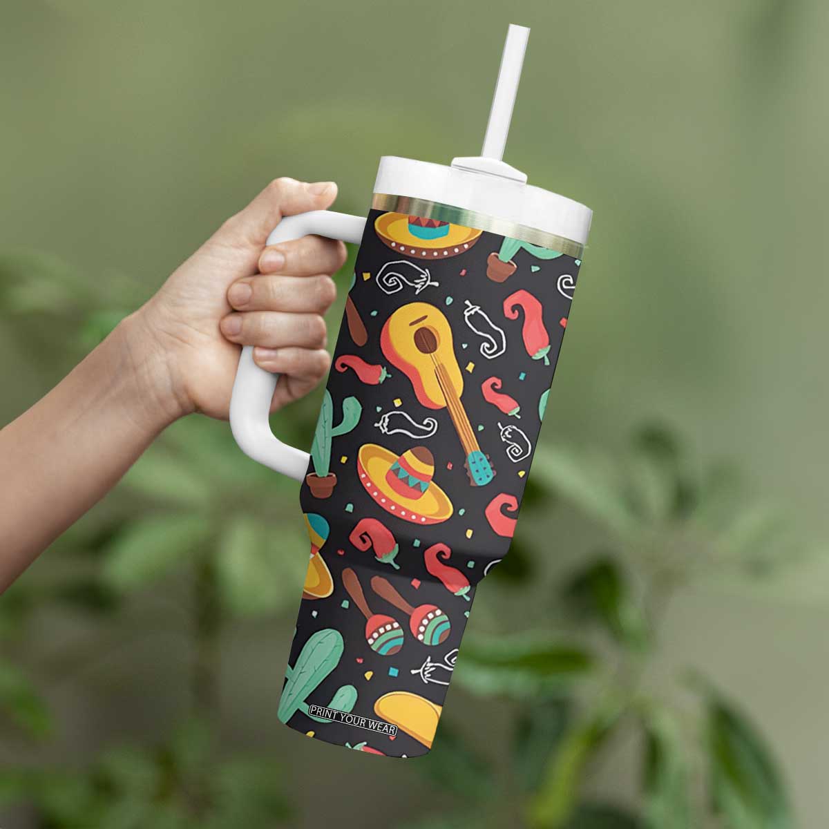 Mexican Tumbler With Handle Hot Sombrero Cactus Guitar Black Mexican Fiesta Cinco De Mayo TB10 Print Your Wear