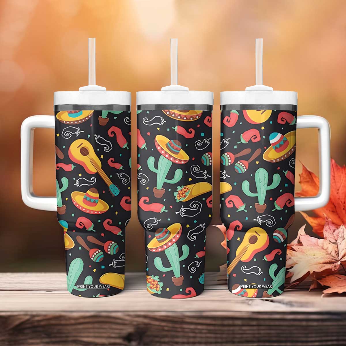 Mexican Tumbler With Handle Hot Sombrero Cactus Guitar Black Mexican Fiesta Cinco De Mayo TB10 Print Your Wear