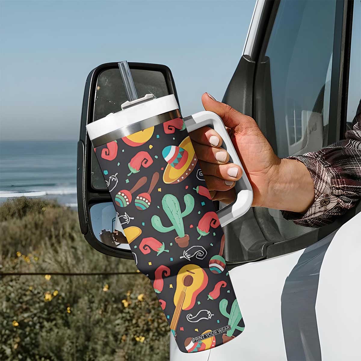 Mexican Tumbler With Handle Hot Sombrero Cactus Guitar Black Mexican Fiesta Cinco De Mayo TB10 Print Your Wear