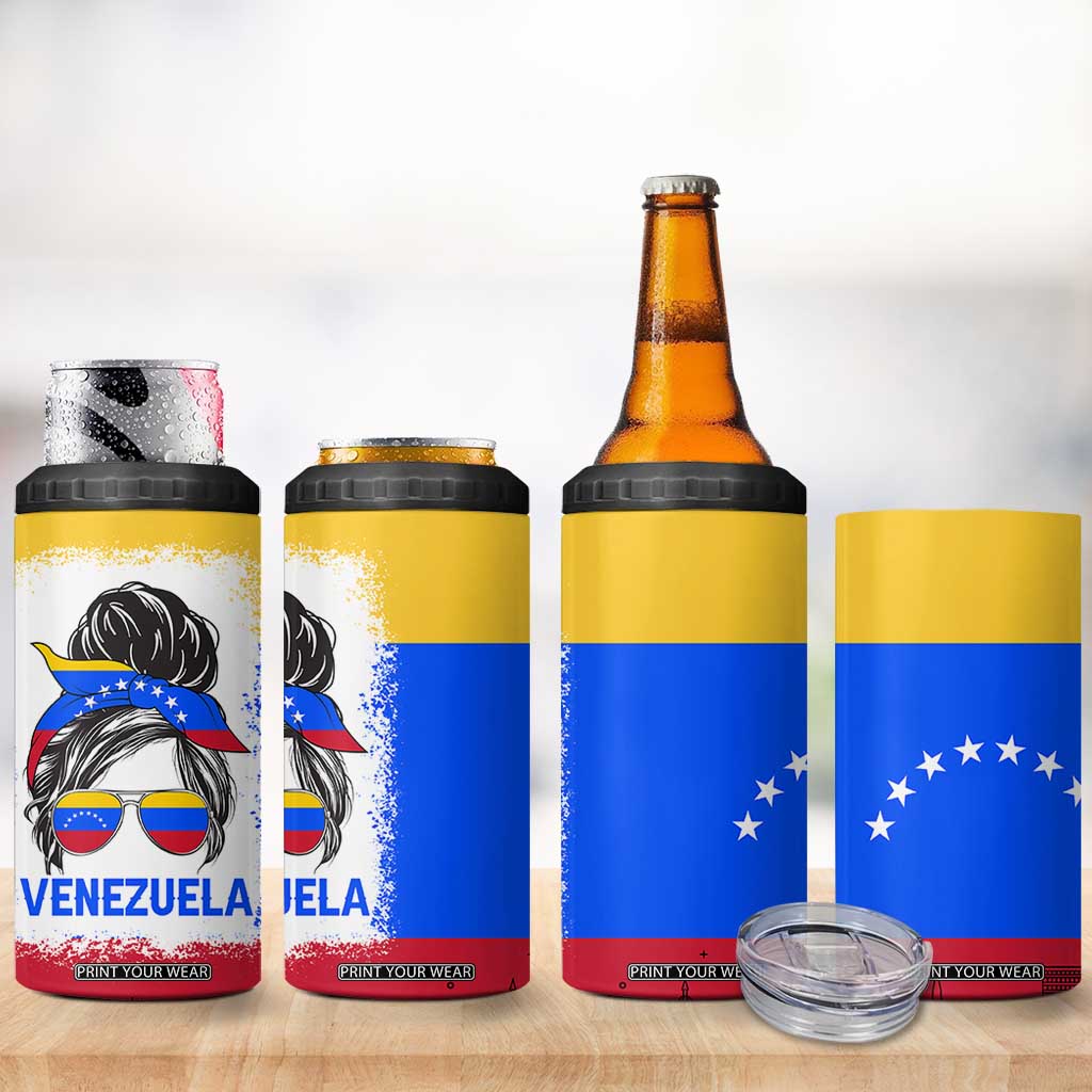 Venezuelan Girl 4 in 1 Can Cooler Tumbler Messy Bun Venezuela Flag Heritage Venezuelan Women Girls TB10 Print Your Wear