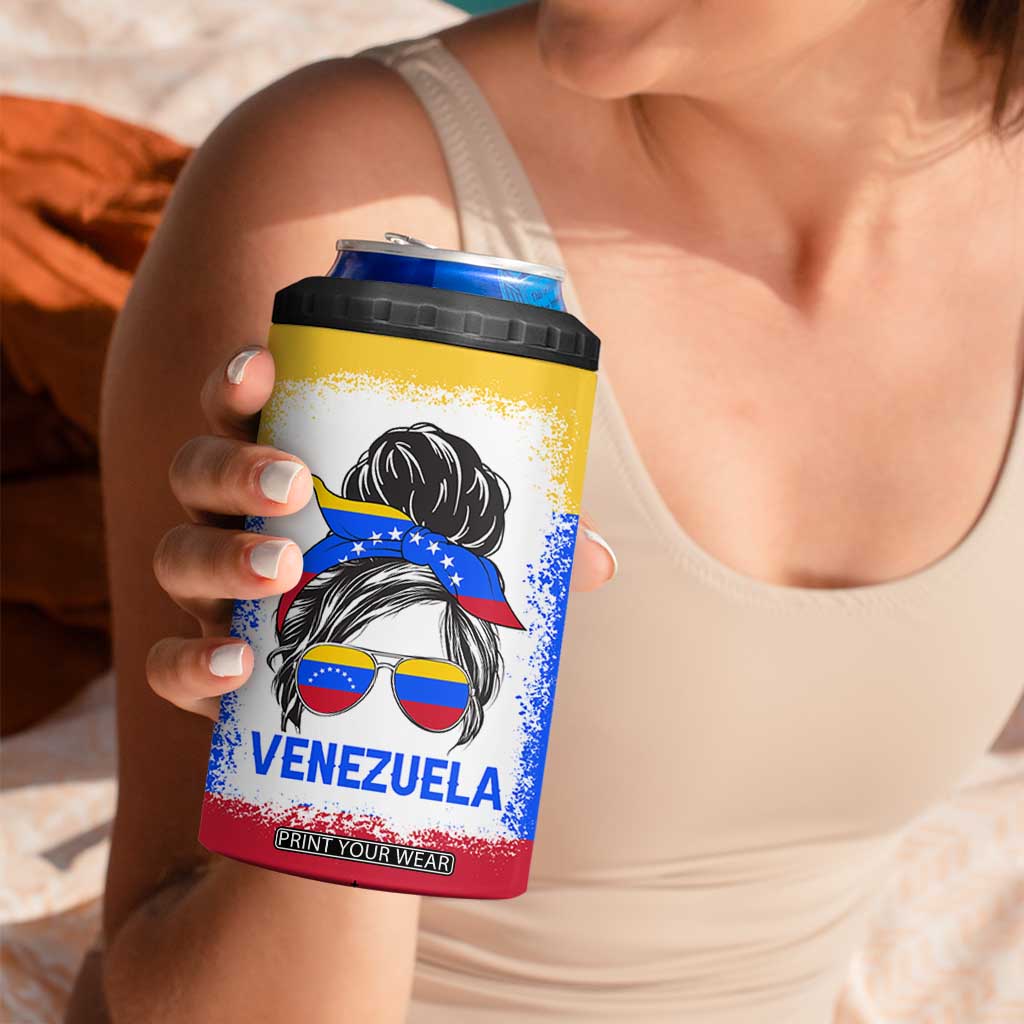Venezuelan Girl 4 in 1 Can Cooler Tumbler Messy Bun Venezuela Flag Heritage Venezuelan Women Girls TB10 Print Your Wear