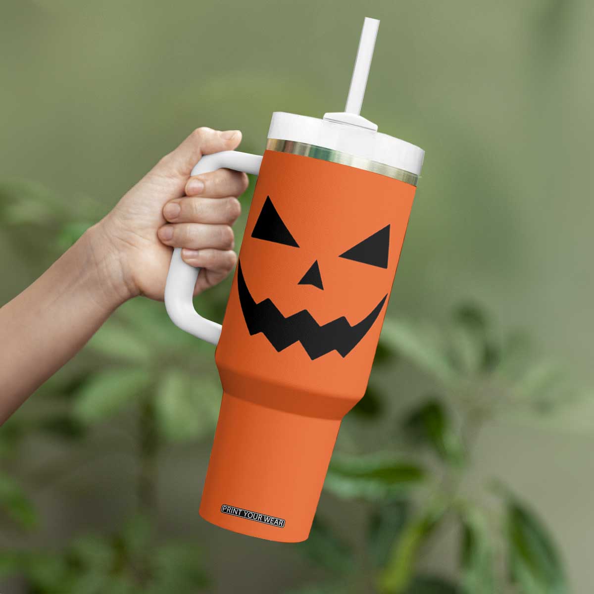 Personalized Halloween Pumpkin Face Tumbler With Handle Custom Name Travel Coffee Cup Orange TB10 Print Your Wear