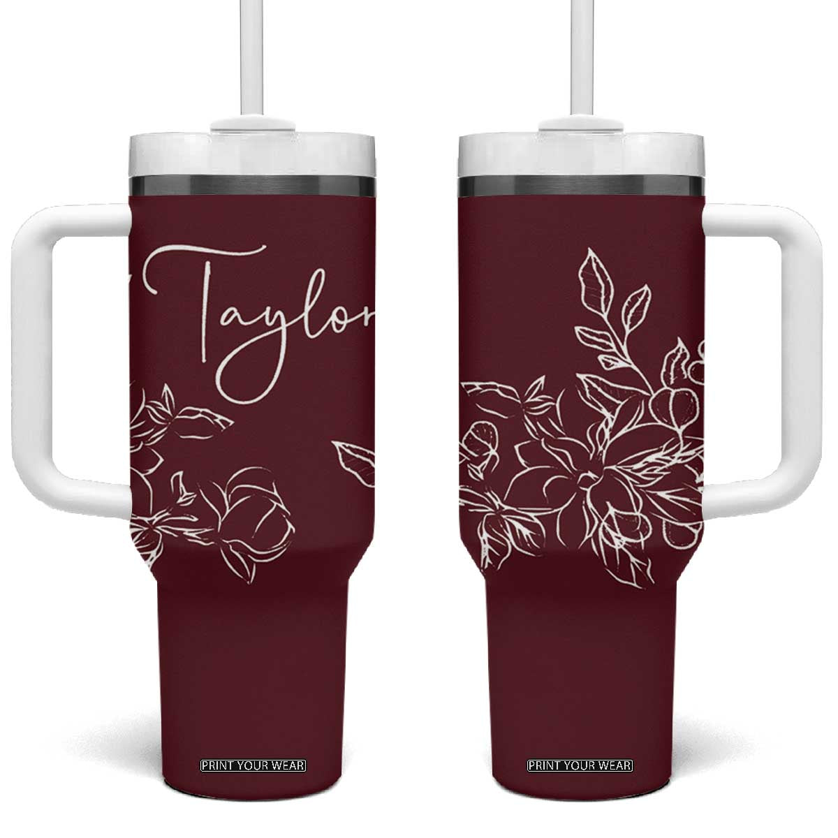 Personalized Wildflower Floral Tumbler With Handle Custom Name Mothers Day Gift From Daughter Son TB10 One Size: 40 oz Maroon Print Your Wear