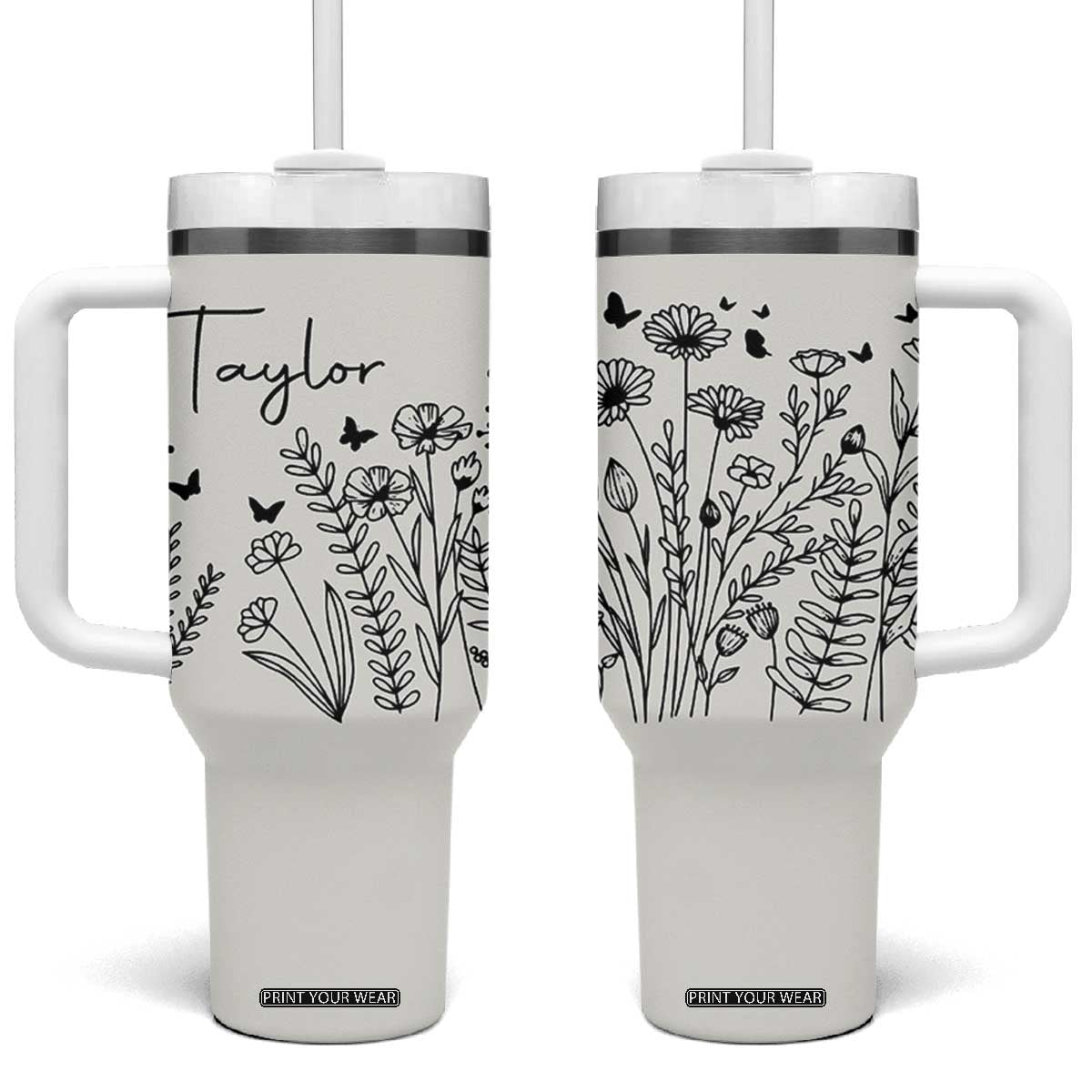 Personalized Wildflower Tumbler With Handle Custom Name Custom Name Gift For Women Butterflies Floral TB10 One Size: 40 oz Beige Print Your Wear