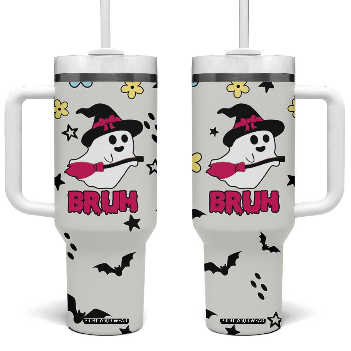 Little Ghost Ice Coffee Tumbler With Handle Halloween Boo Spooky Ghost Travel Cup TB10 One Size: 40 oz Cream Print Your Wear
