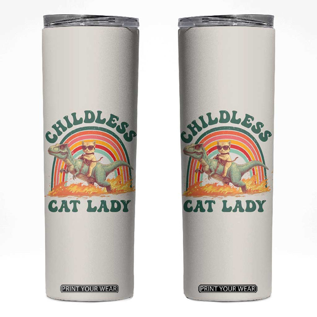 Funny Kamala Harris 2024 Skinny Tumbler Childless Cat Lady Riding Dinosaur T rex Kitten Lover Meme Democratics Vote TB10 Cream Print Your Wear
