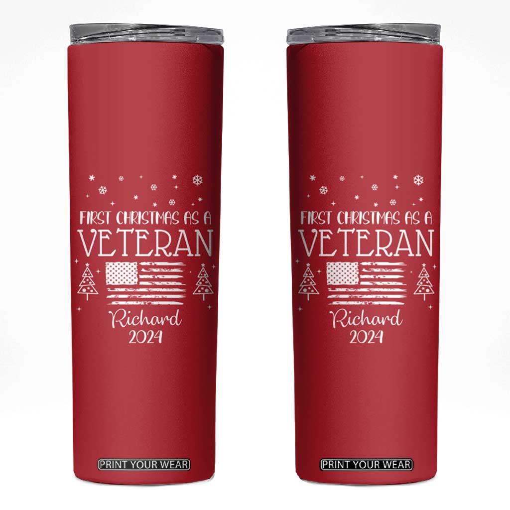 Personalized First Christmas Veteran Skinny Tumbler Custom Name Military Retirement Gift American Flag Red TB10 Red Print Your Wear