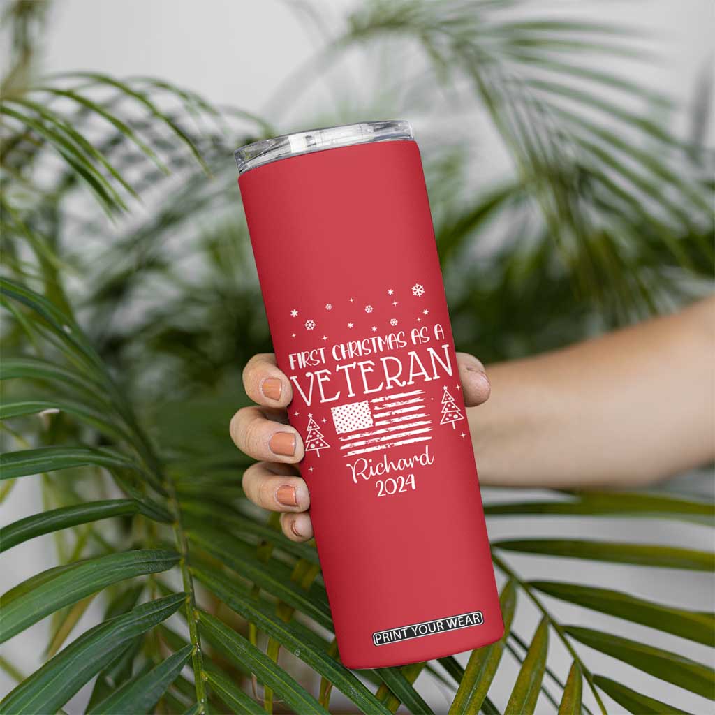 Personalized First Christmas Veteran Skinny Tumbler Custom Name Military Retirement Gift American Flag Red TB10 Print Your Wear