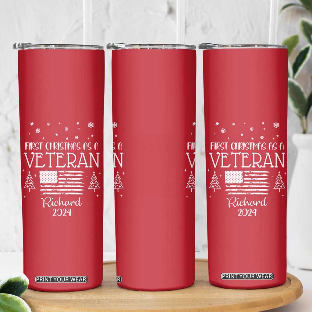Personalized First Christmas Veteran Skinny Tumbler Custom Name Military Retirement Gift American Flag Red TB10 Print Your Wear