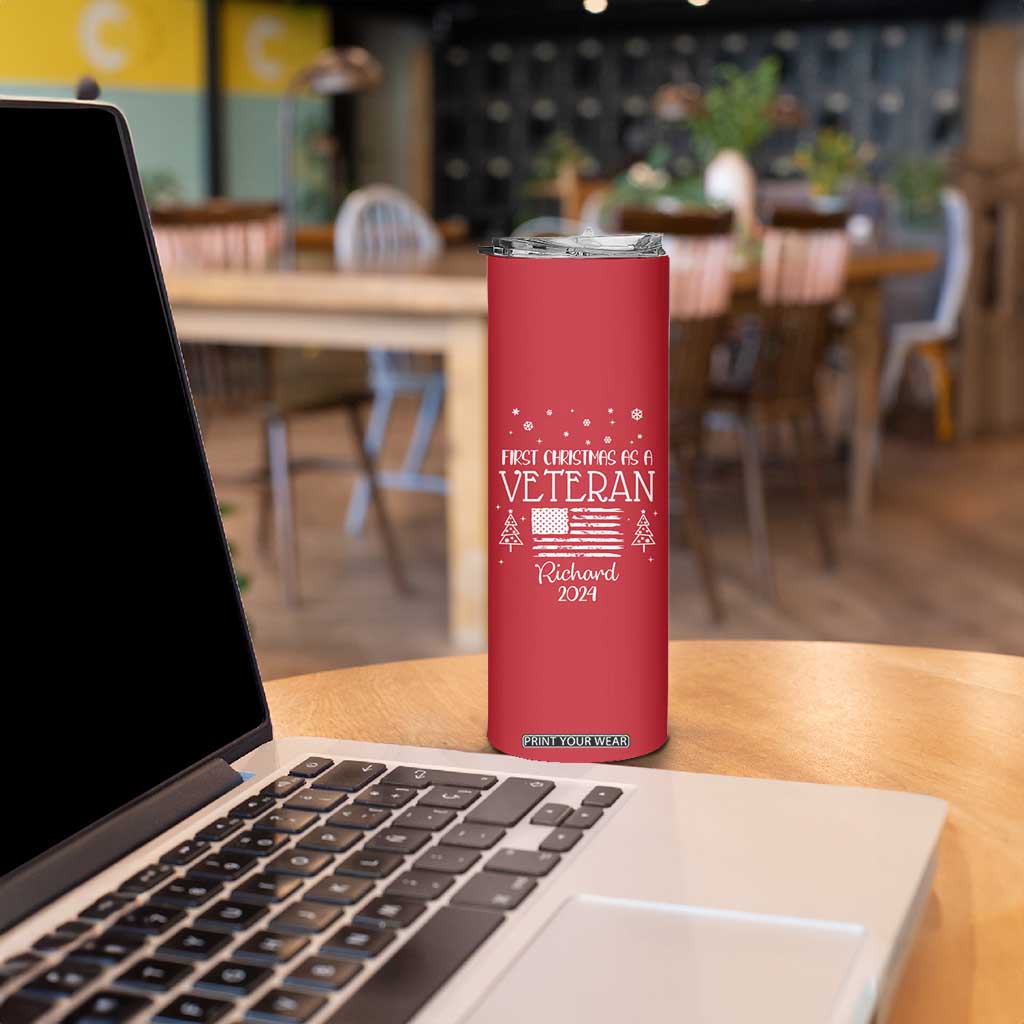 Personalized First Christmas Veteran Skinny Tumbler Custom Name Military Retirement Gift American Flag Red TB10 Print Your Wear