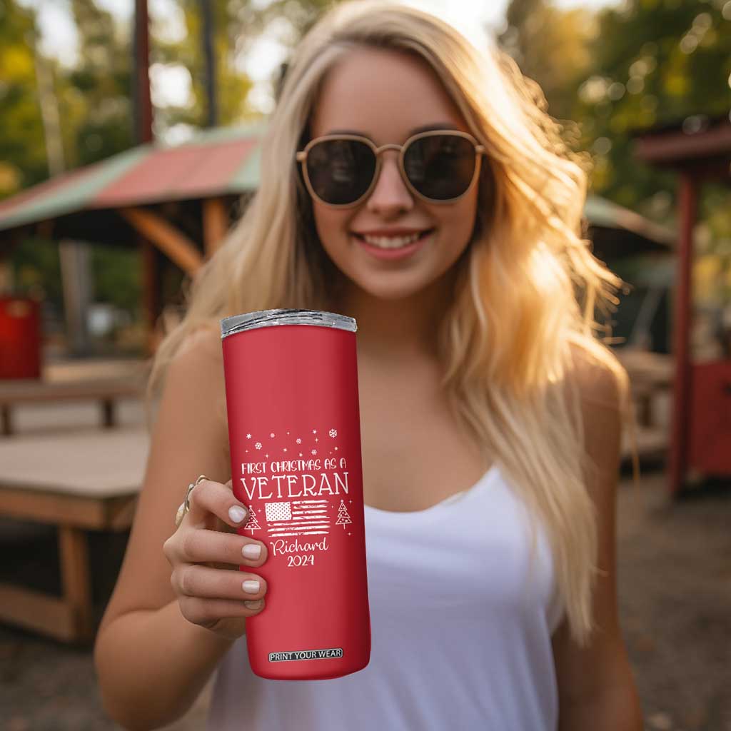 Personalized First Christmas Veteran Skinny Tumbler Custom Name Military Retirement Gift American Flag Red TB10 Print Your Wear