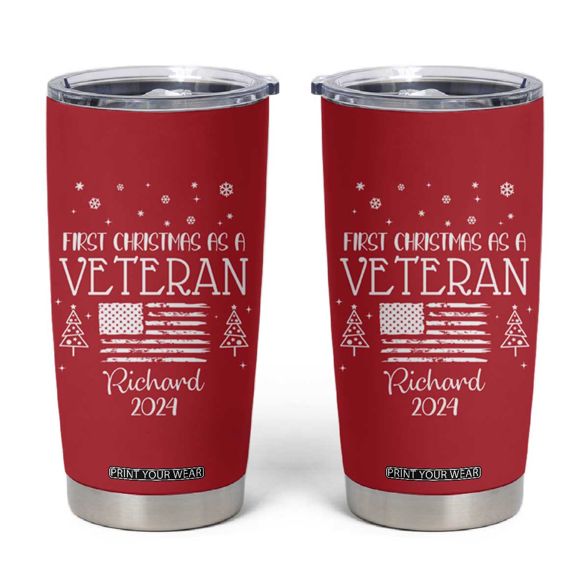 Personalized First Christmas Veteran Tumbler Cup Custom Name Military Retirement Gift American Flag Red TB10 Red Print Your Wear
