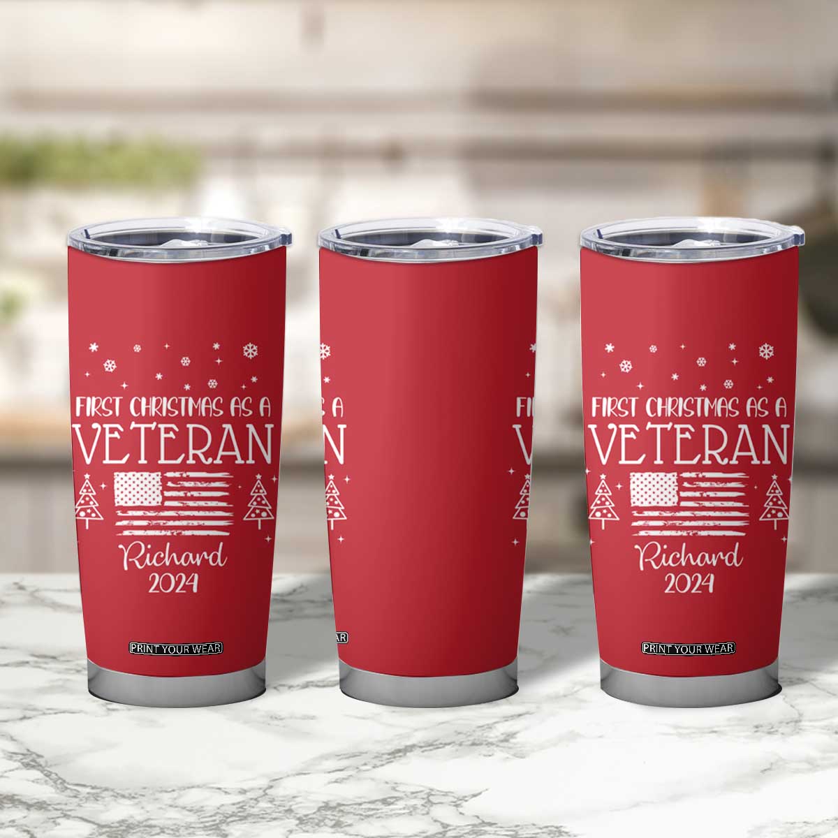 Personalized First Christmas Veteran Tumbler Cup Custom Name Military Retirement Gift American Flag Red TB10 Print Your Wear