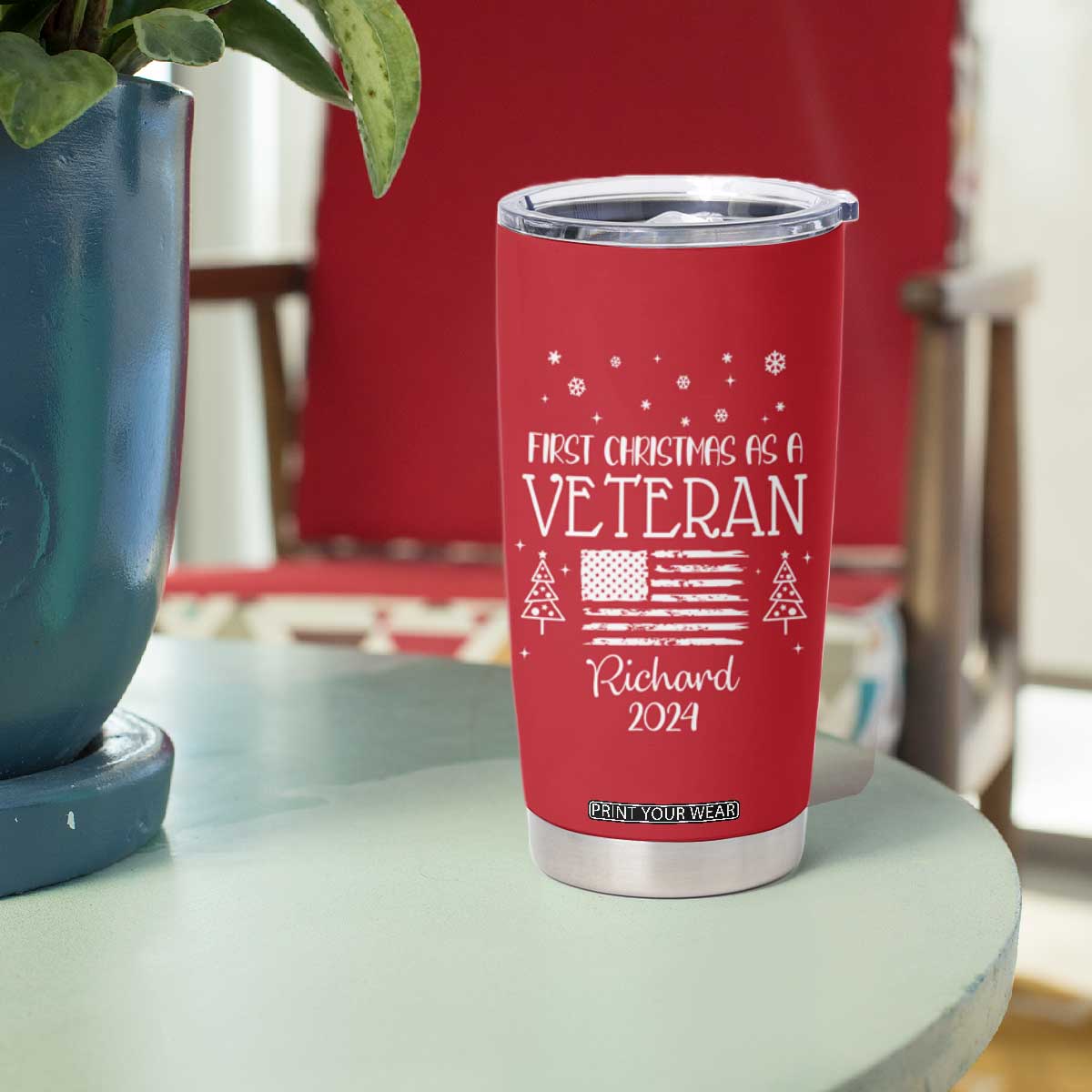 Personalized First Christmas Veteran Tumbler Cup Custom Name Military Retirement Gift American Flag Red TB10 Print Your Wear