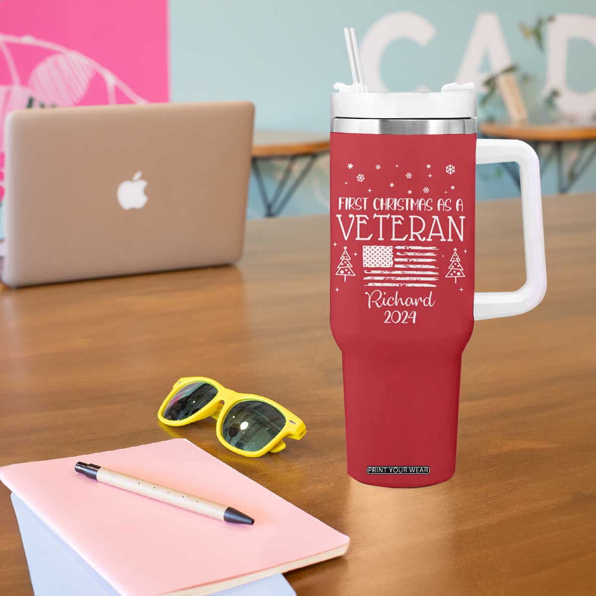 Personalized First Christmas Veteran Tumbler With Handle Custom Name Military Retirement Gift American Flag Red TB10 Print Your Wear