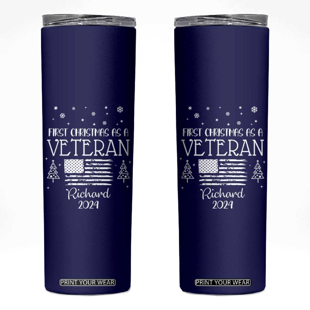 Personalized First Christmas Veteran Skinny Tumbler Custom Name Military Retirement Gift American Flag Navy TB10 Navy Print Your Wear