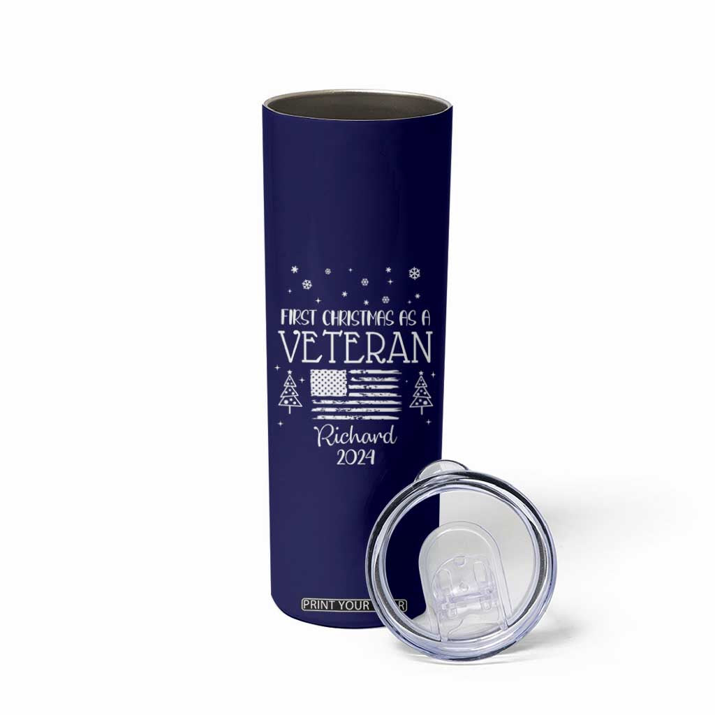 Personalized First Christmas Veteran Skinny Tumbler Custom Name Military Retirement Gift American Flag Navy TB10 Print Your Wear