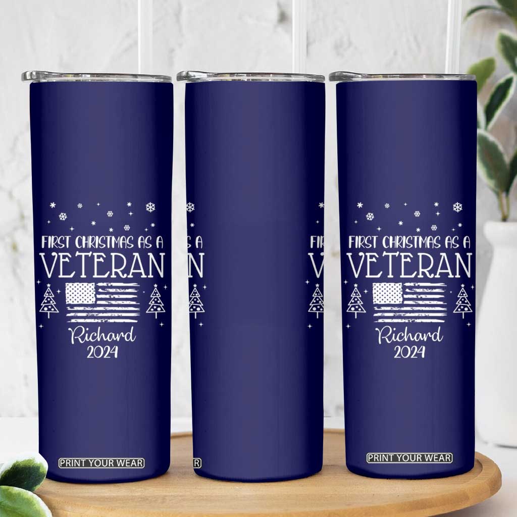 Personalized First Christmas Veteran Skinny Tumbler Custom Name Military Retirement Gift American Flag Navy TB10 Print Your Wear