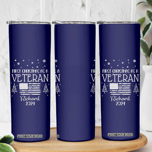 Personalized First Christmas Veteran Skinny Tumbler Custom Name Military Retirement Gift American Flag Navy TB10 Print Your Wear