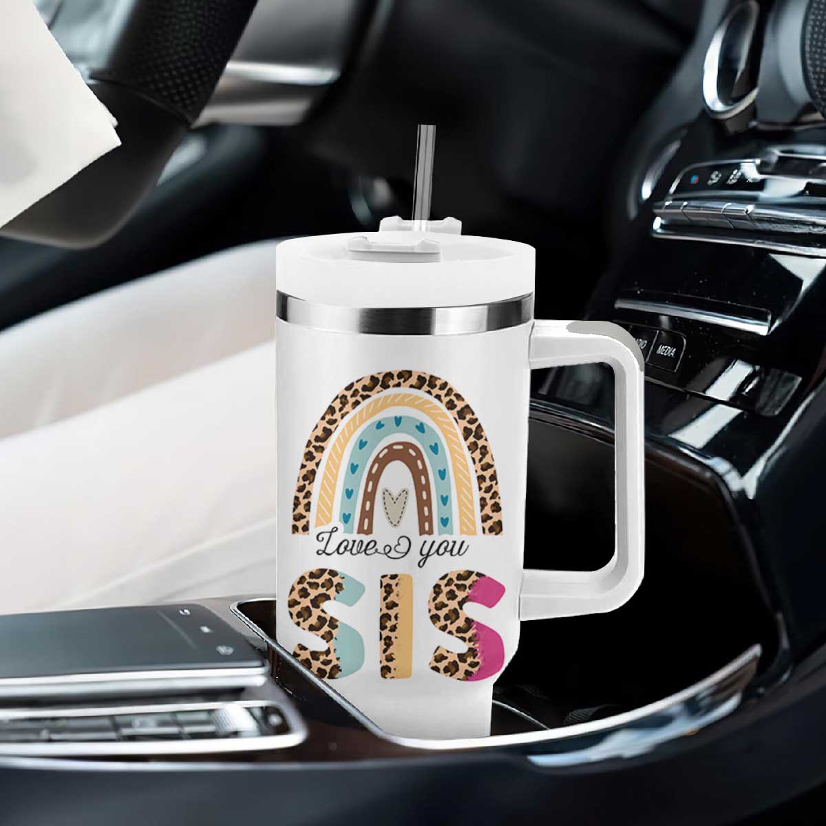Love You Sis Tumbler With Handle Missing You Sister Gifts Leopard TB10 Print Your Wear