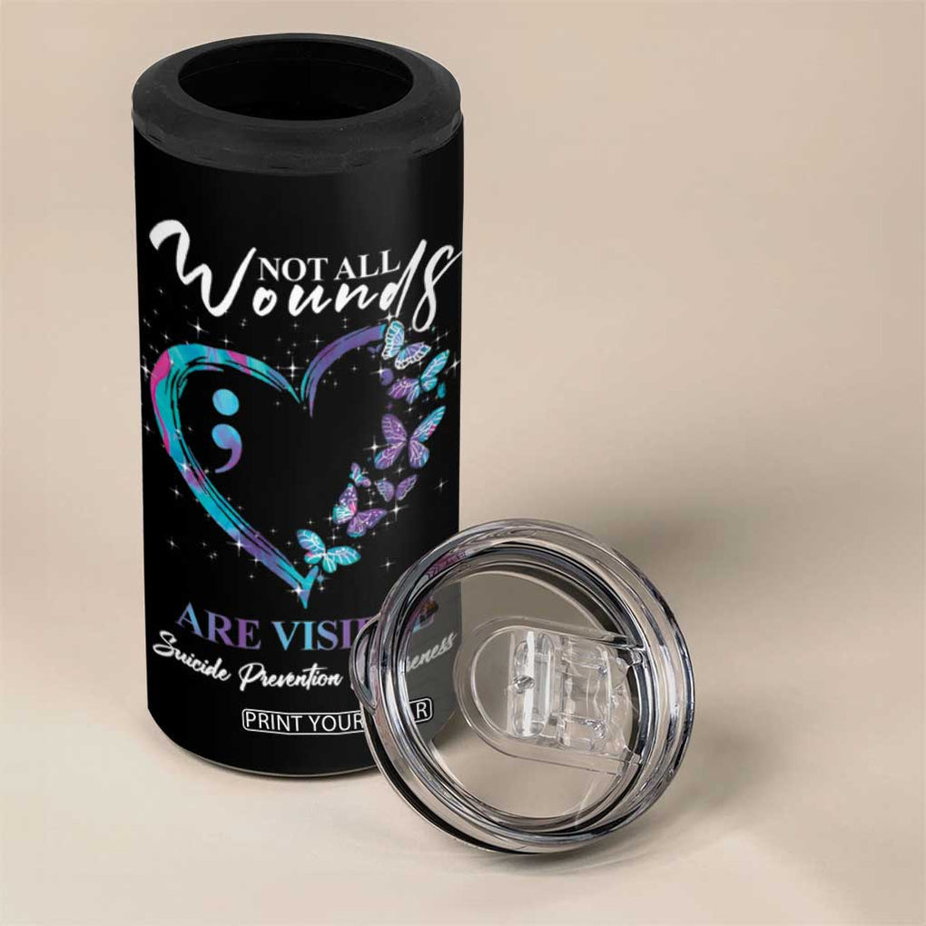 Suicide Prevention Awareness 4 in 1 Can Cooler Tumbler Teal Purple Semicolon Butterfly Not All Wounds Are Visible Mental Health TB10 Print Your Wear