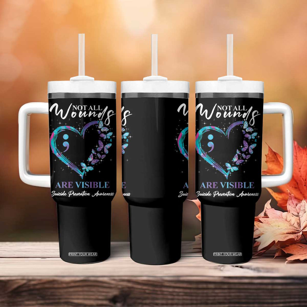 Suicide Prevention Awareness Tumbler With Handle Teal Purple Semicolon Butterfly Not All Wounds Are Visible Mental Health TB10 Print Your Wear