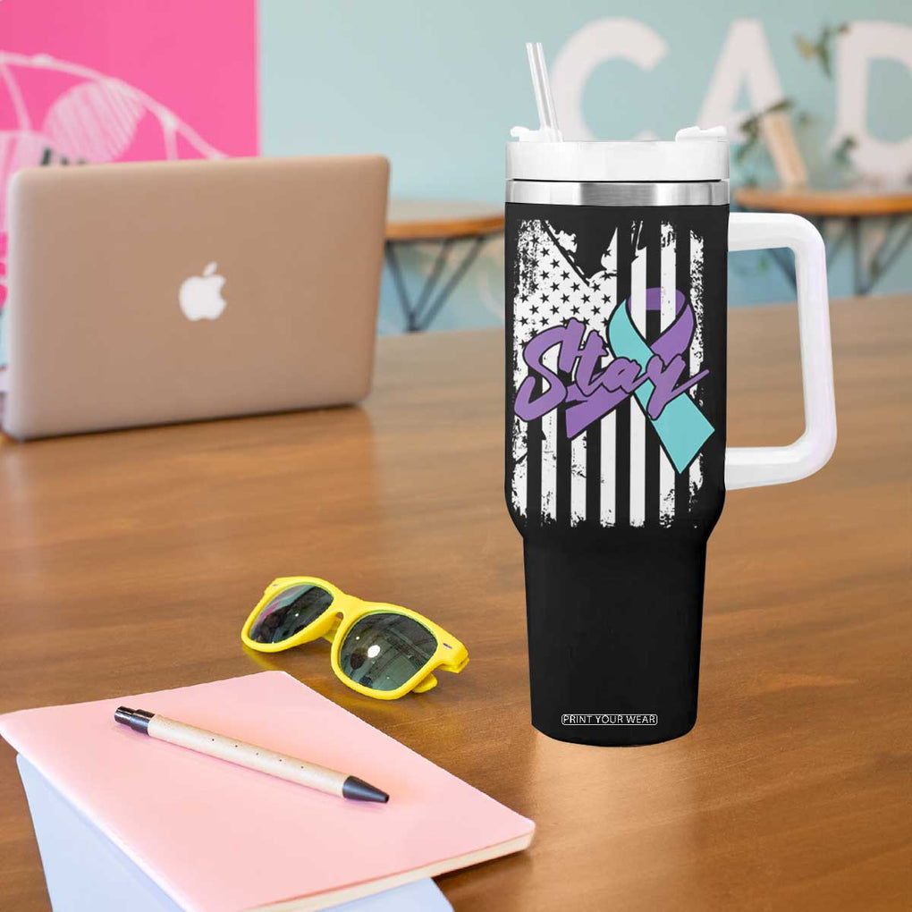 Suicide Prevention Awareness Tumbler With Handle American Flag Teal & Purple Ribbon Support You Matter Therapist Psychologist TB10 Print Your Wear
