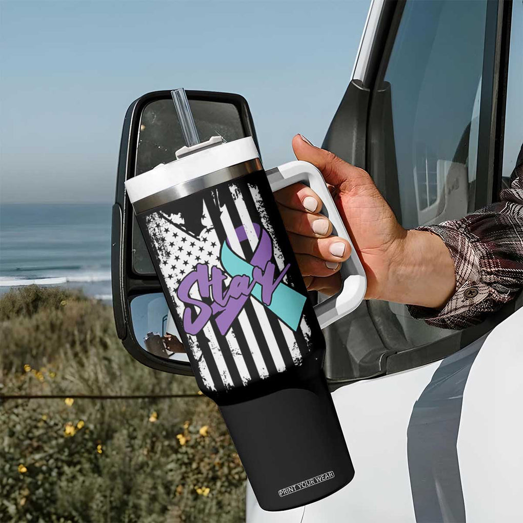 Suicide Prevention Awareness Tumbler With Handle American Flag Teal & Purple Ribbon Support You Matter Therapist Psychologist TB10 Print Your Wear