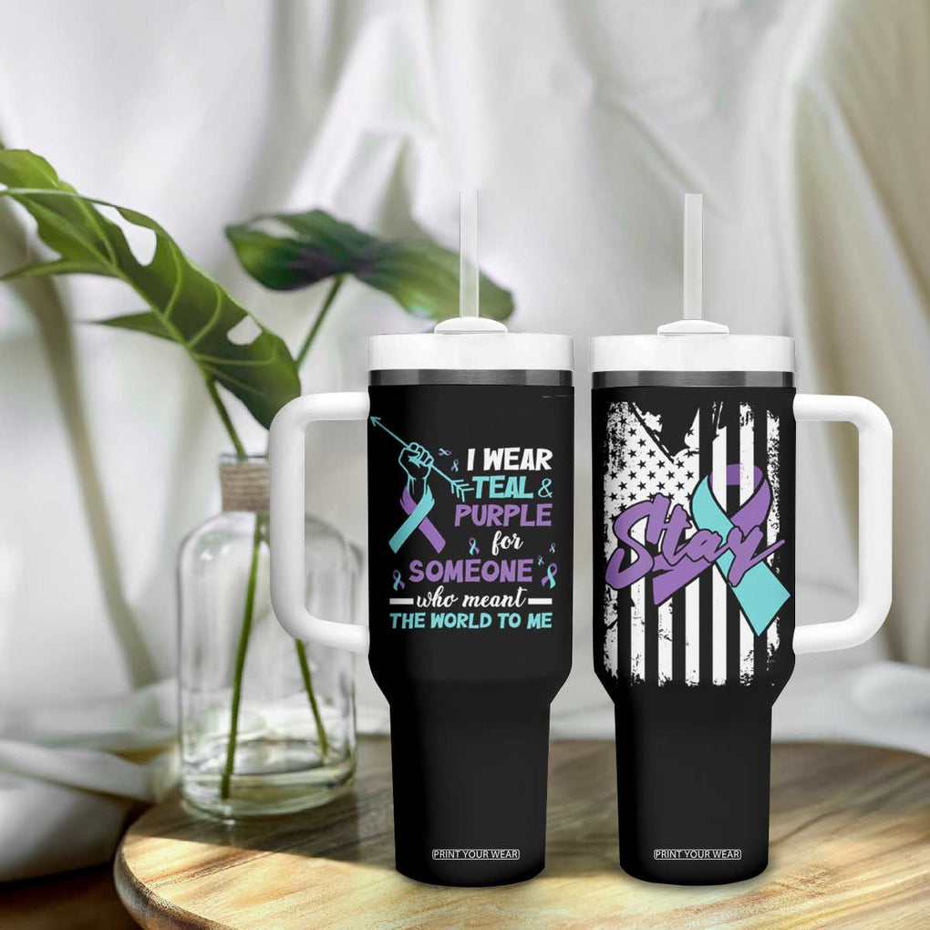 Suicide Prevention Awareness Tumbler With Handle American Flag Teal & Purple Ribbon Support You Matter Therapist Psychologist TB10 Print Your Wear