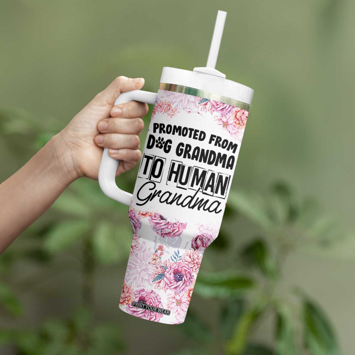 Promoted To Grandma Gift Tumbler With Handle Floral Dog Grandmas To Human Grandma Pregnancy Announcement TB10 Print Your Wear