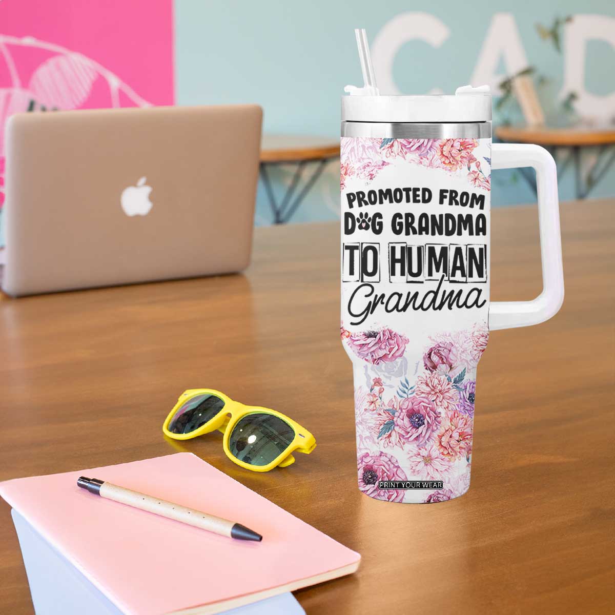 Promoted To Grandma Gift Tumbler With Handle Floral Dog Grandmas To Human Grandma Pregnancy Announcement TB10 Print Your Wear
