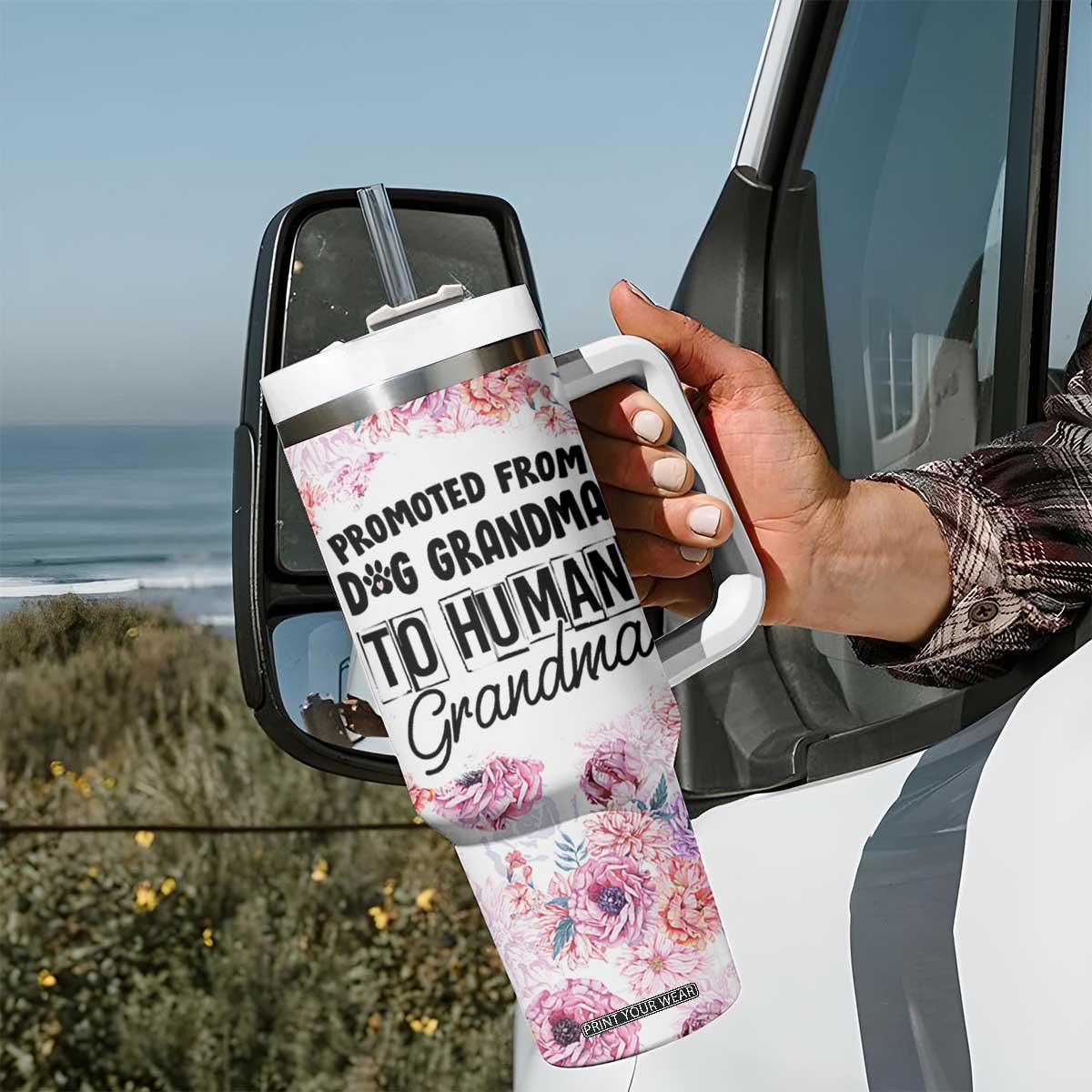 Promoted To Grandma Gift Tumbler With Handle Floral Dog Grandmas To Human Grandma Pregnancy Announcement TB10 Print Your Wear