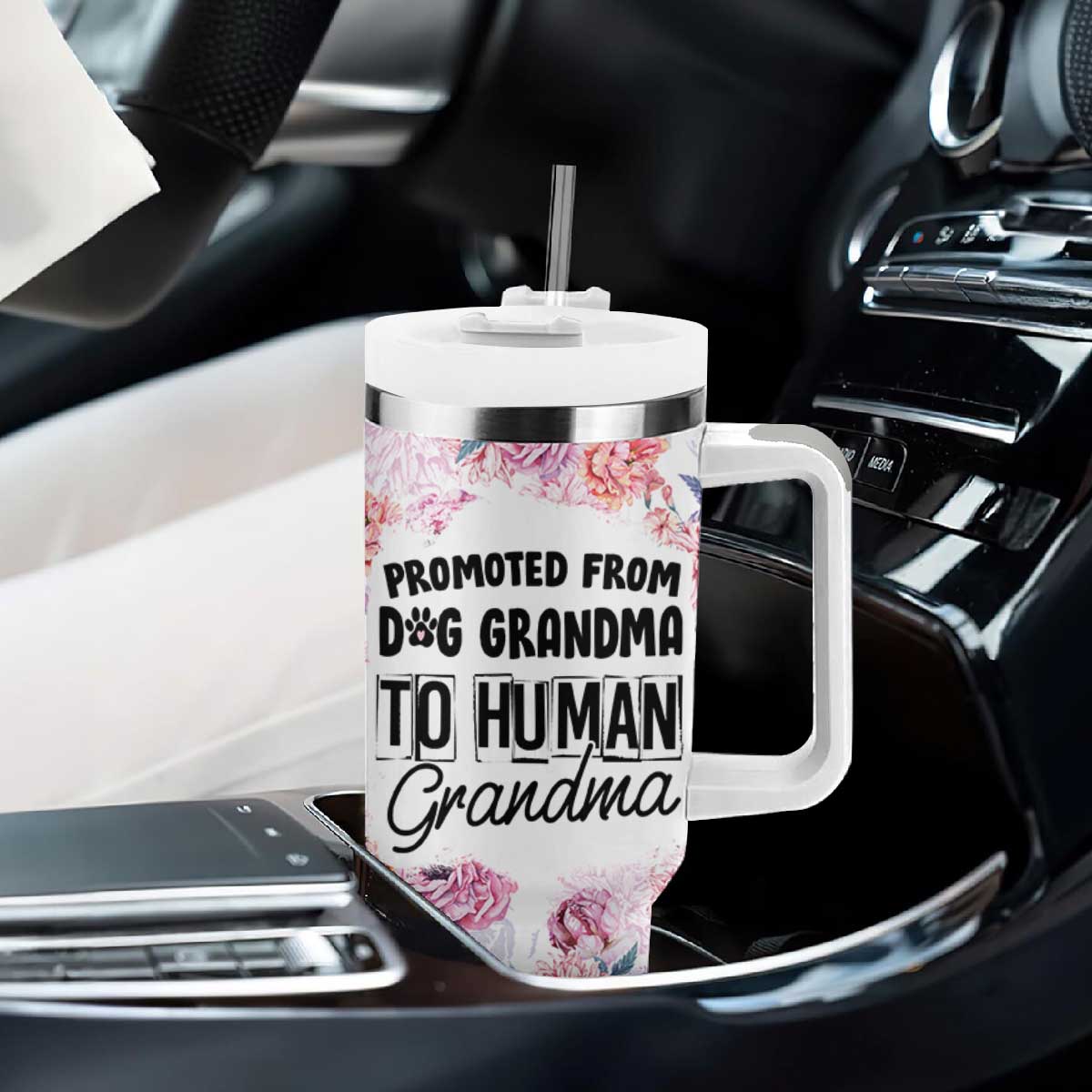 Promoted To Grandma Gift Tumbler With Handle Floral Dog Grandmas To Human Grandma Pregnancy Announcement TB10 Print Your Wear